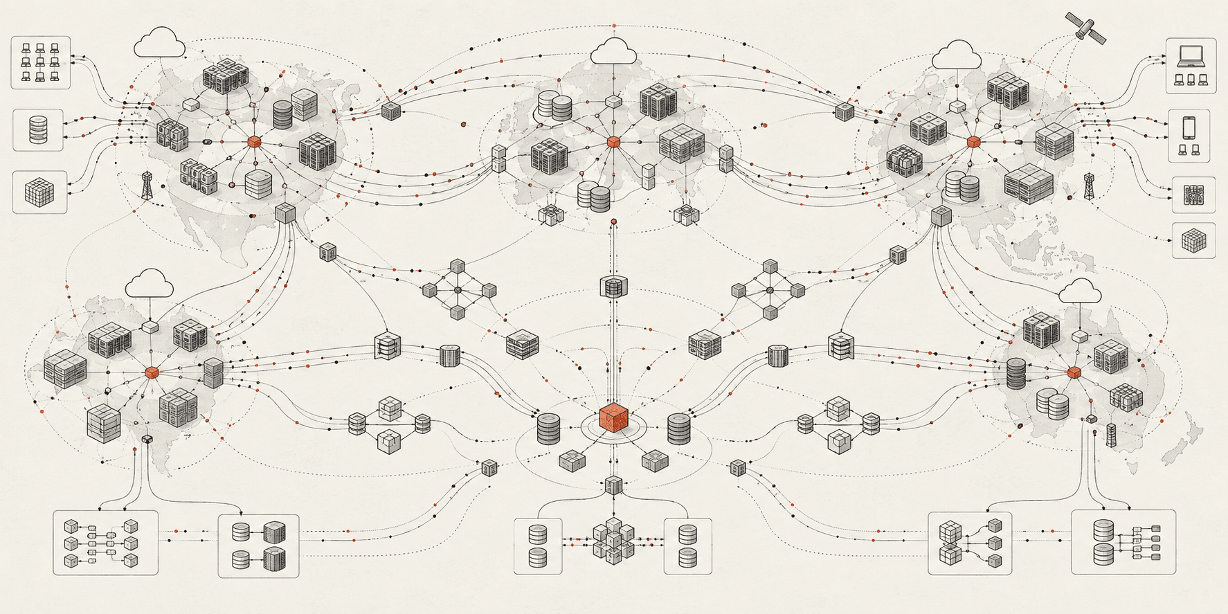 A global infrastructure graph connecting services, data stores, networks, and agent coordination points
